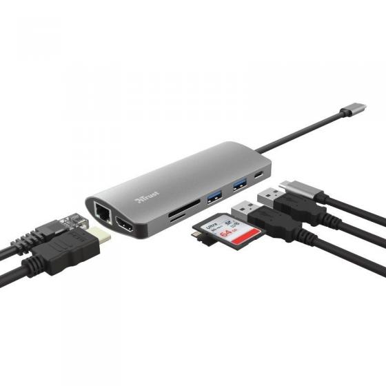 Hub USB 2.0 Tipo-C Trust Dalyx/ 2 Puertos USB/ 1 Puerto USB Tipo-C/ 1 HDMI/ 1 RJ45/ 1 Lector Tarjetas SD y microSD/ Gris