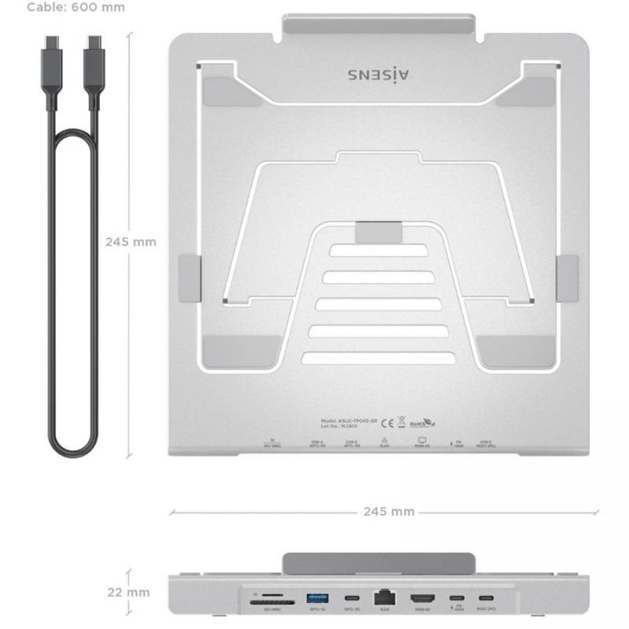 Soporte de Sobremesa - Docking USB Tipo-C Aisens ASUC-7P045-GR/ 1xUSB/ 1xUSB Tipo-C/ 1xHDMI/ 1xRJ45/ 1xLector de Tarjetas/ 1xUSB