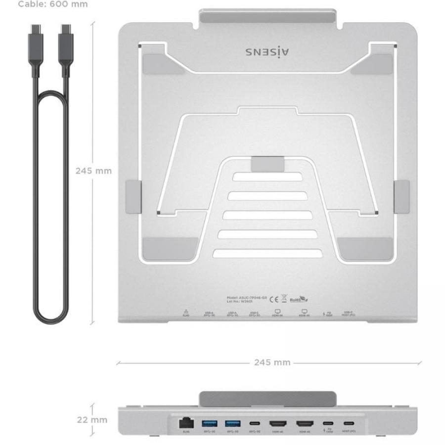 Soporte de Sobremesa - Docking USB Tipo-C Aisens ASUC-7P046-GR/ 2xUSB/ 1xUSB Tipo-C/ 2xHDMI/ 1xRJ45/ 1xUSB Tipo-C PD/ Gris