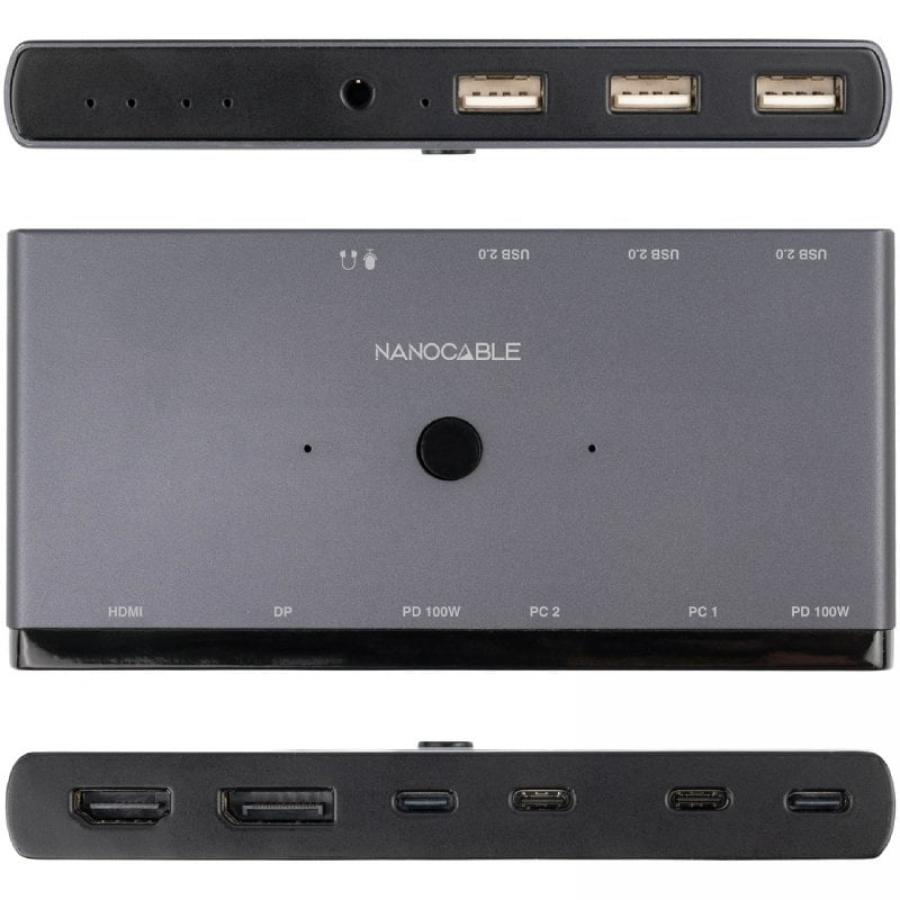 Switch Conmutador 8K Nanocable 10.12.0003/ 1x HDMI/ 1x DisplayPort/ 3x USB/ 2x USB Tipo-C/ 1x Jack 3.5mm/ 2x USB Tipo-C PD