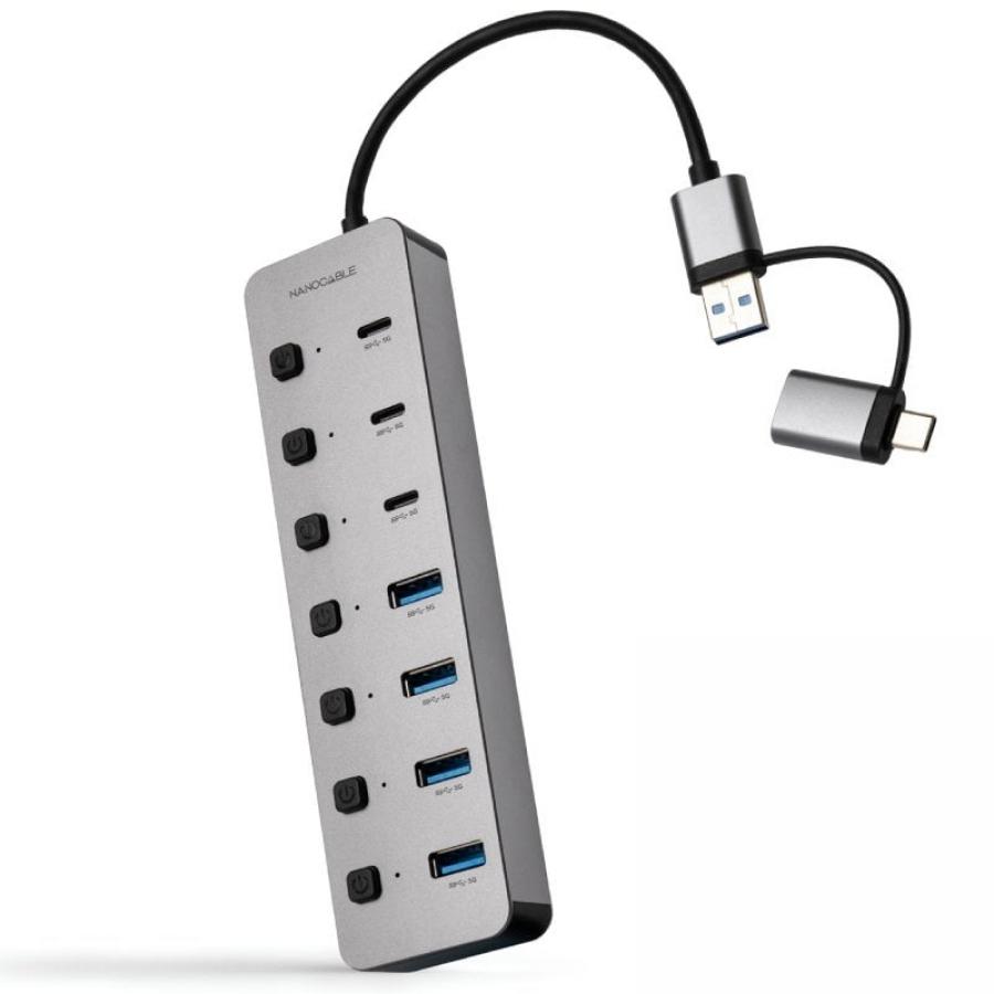 Hub USB + USB Tipo-C Nanocable 10.16.4510/ 4xUSB/ 3xUSB Tipo-C/ 1xUSB Tipo-C PD/ Gris