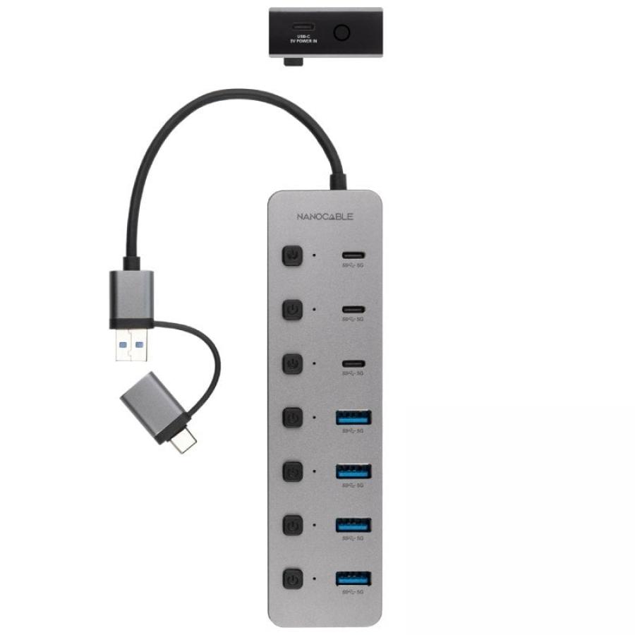 Hub USB + USB Tipo-C Nanocable 10.16.4510/ 4xUSB/ 3xUSB Tipo-C/ 1xUSB Tipo-C PD/ Gris