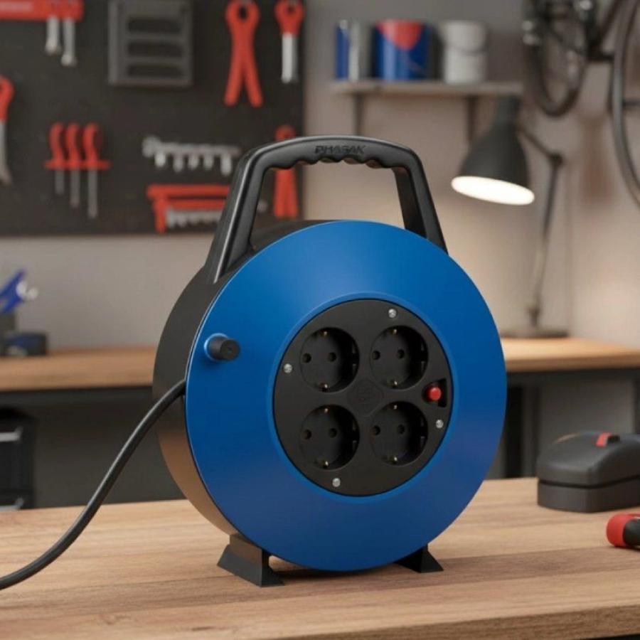 Regleta enrollable Phasak BN 3411/ 4 Tomas de Corriente/ Cable 10m/ Azul