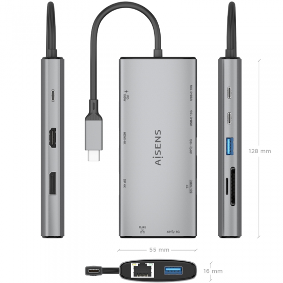 Docking USB Tipo-C Aisens ASUC-10P050-GR/ 1xDisplayPort/ 1xHDMI 4K/ 1xRJ45/ 2xUSB/ 2xUSB Tipo-C/ 1xUSB Tipo-C PD/ 1xLector de Ta