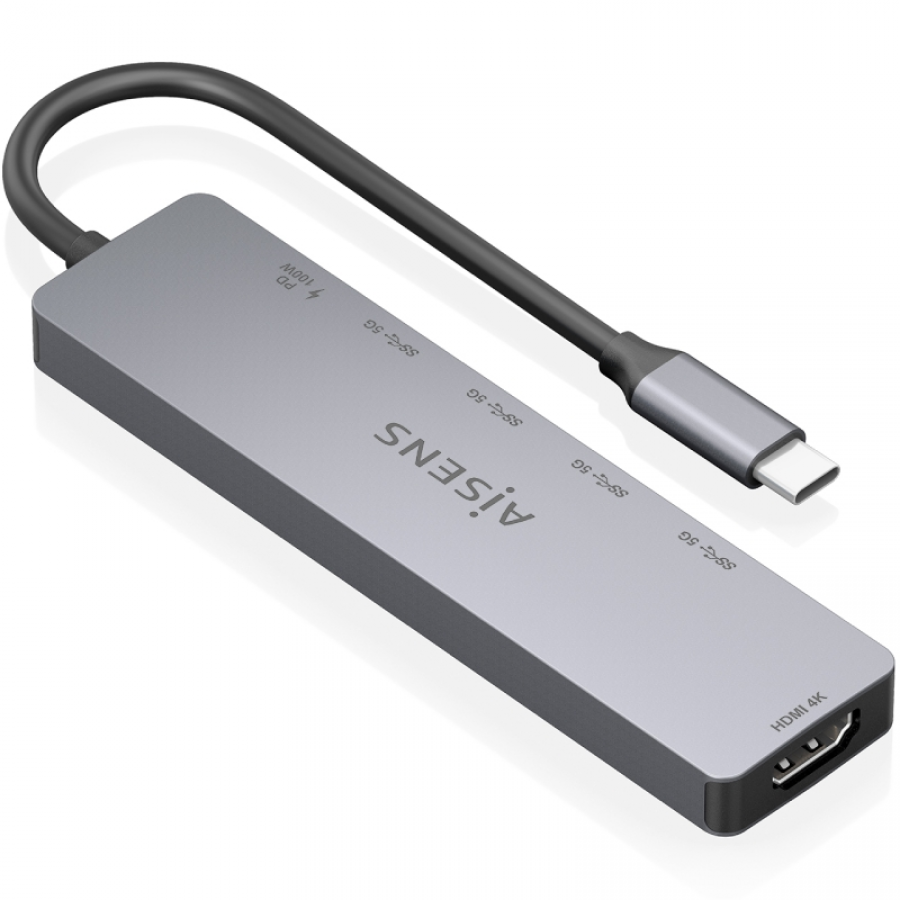 Docking USB Tipo-C Aisens ASUC-6P047-GR/ 1xHDMI 4K/ 4xUSB/ 1xUSB Tipo-C PD/ Gris
