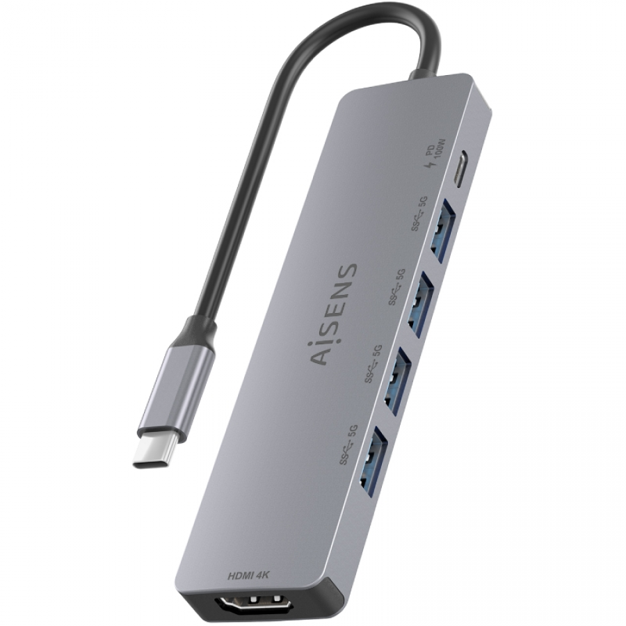 Docking USB Tipo-C Aisens ASUC-6P047-GR/ 1xHDMI 4K/ 4xUSB/ 1xUSB Tipo-C PD/ Gris