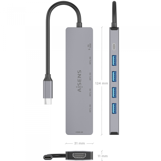 Docking USB Tipo-C Aisens ASUC-6P047-GR/ 1xHDMI 4K/ 4xUSB/ 1xUSB Tipo-C PD/ Gris