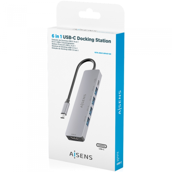 Docking USB Tipo-C Aisens ASUC-6P047-GR/ 1xHDMI 4K/ 4xUSB/ 1xUSB Tipo-C PD/ Gris