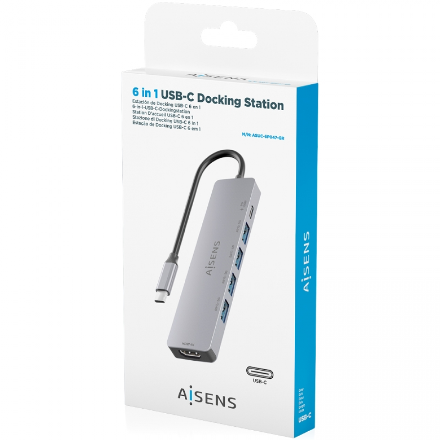 Docking USB Tipo-C Aisens ASUC-6P047-GR/ 1xHDMI 4K/ 4xUSB/ 1xUSB Tipo-C PD/ Gris