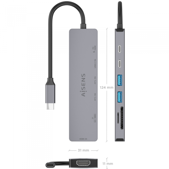 Docking USB Tipo-C Aisens ASUC-7P048-GR/ 1xHDMI 4K/ 2xUSB/ 1xUSB Tipo-C/ 1xUSB Tipo-C PD/ 1x Lector de Tarjetas/ Gris