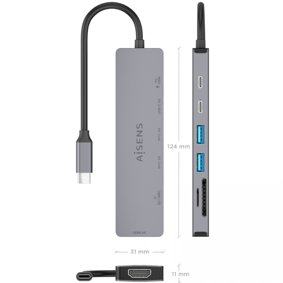 Docking USB Tipo-C Aisens ASUC-7P048-GR/ 1xHDMI 4K/ 2xUSB/ 1xUSB Tipo-C/ 1xUSB Tipo-C PD/ 1x Lector de Tarjetas/ Gris
