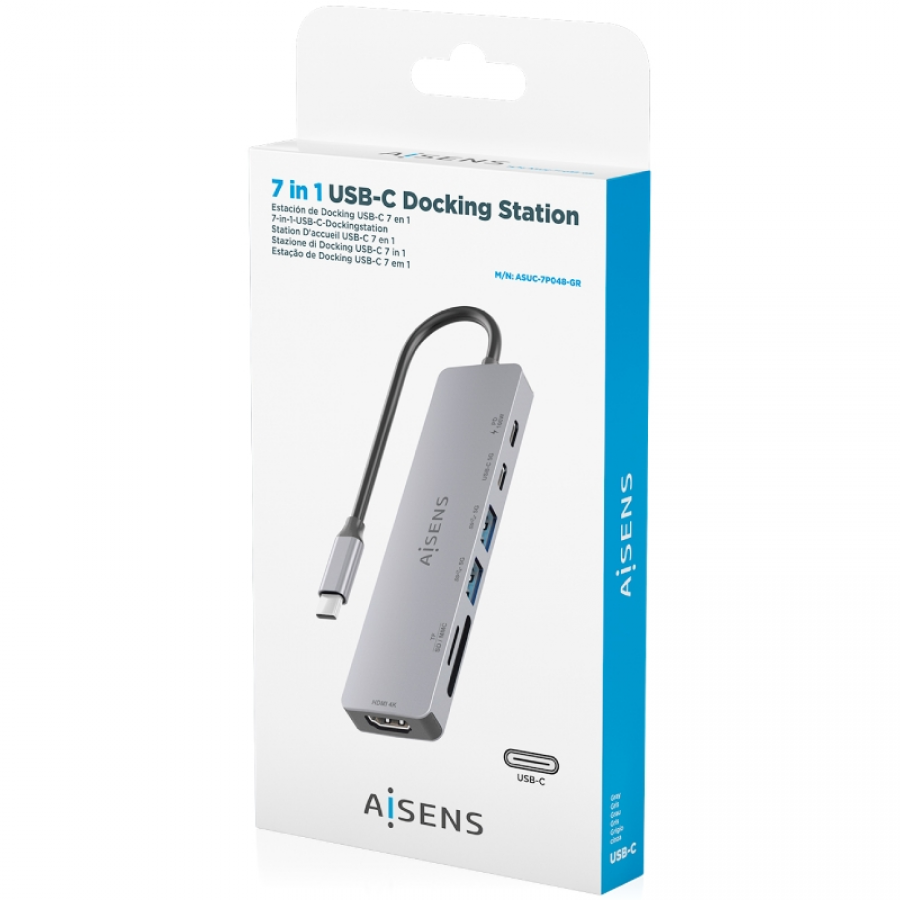 Docking USB Tipo-C Aisens ASUC-7P048-GR/ 1xHDMI 4K/ 2xUSB/ 1xUSB Tipo-C/ 1xUSB Tipo-C PD/ 1x Lector de Tarjetas/ Gris