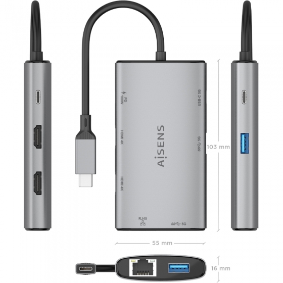 Docking USB Tipo-C Aisens ASUC-7P049-GR/ 2xHDMI 4K/ 1xRJ45/ 2xUSB/ 1xUSB Tipo-C/ 1xUSB Tipo-C PD/ Gris