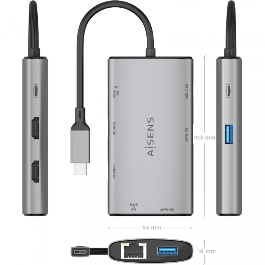 Docking USB Tipo-C Aisens ASUC-7P049-GR/ 2xHDMI 4K/ 1xRJ45/ 2xUSB/ 1xUSB Tipo-C/ 1xUSB Tipo-C PD/ Gris
