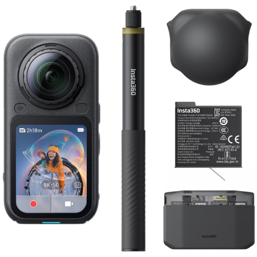 Cámara Digital Deportiva Insta360 X6 Pack Essential/ 5.7K/ Ángulo de visión 360º/ Negra/ Incluye Stick, 2x Baterías, Bolsa y Cap