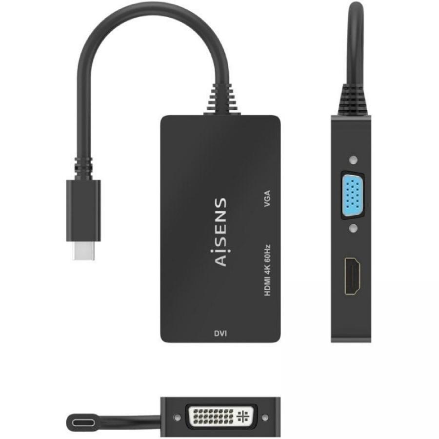 Conversor HDMI Aisens A109-0954/ USB Tipo-C Macho - DVI/HDMI/VGA Hembra/ 15cm/ Negro