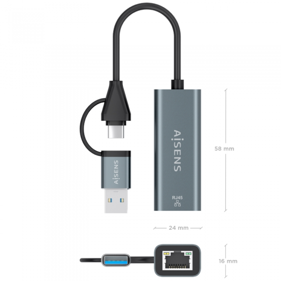 Adaptador USB + USB Tipo-C 3.2 - RJ45 Aisens A109-1032/ 1000Mbps