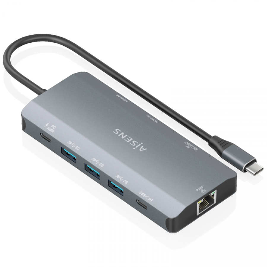 Docking USB Tipo-C Aisens ASUC-10P052-GR/ 2xHDMI 4K/ 1xRJ45/ 3xUSB/ 1xUSB Tipo-C/ 1xUSB Tipo-C PD/ 1xLector de Tarjetas/ Gris