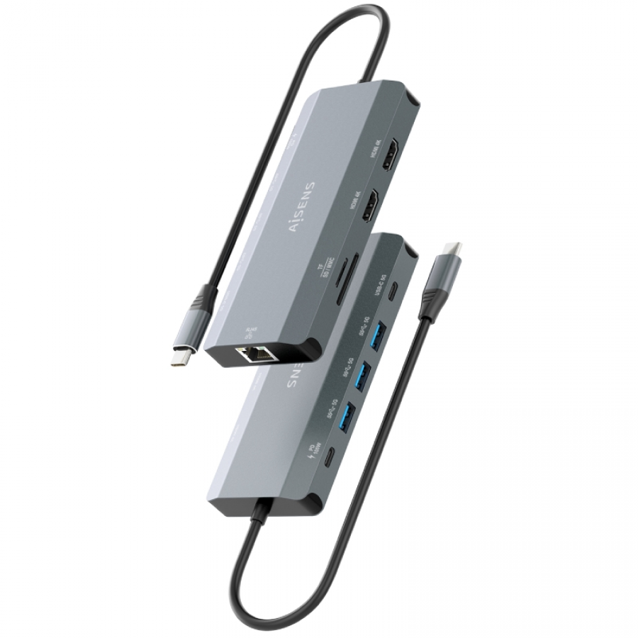 Docking USB Tipo-C Aisens ASUC-10P052-GR/ 2xHDMI 4K/ 1xRJ45/ 3xUSB/ 1xUSB Tipo-C/ 1xUSB Tipo-C PD/ 1xLector de Tarjetas/ Gris