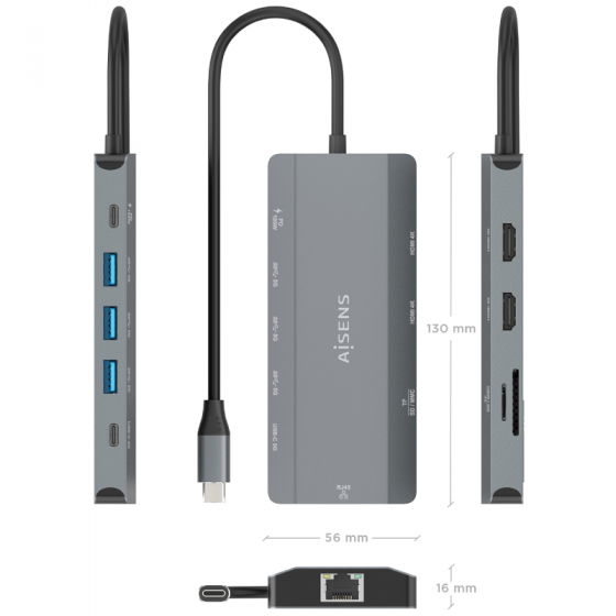 Docking USB Tipo-C Aisens ASUC-10P052-GR/ 2xHDMI 4K/ 1xRJ45/ 3xUSB/ 1xUSB Tipo-C/ 1xUSB Tipo-C PD/ 1xLector de Tarjetas/ Gris