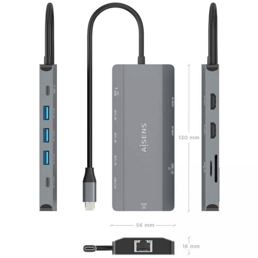 Docking USB Tipo-C Aisens ASUC-10P052-GR/ 2xHDMI 4K/ 1xRJ45/ 3xUSB/ 1xUSB Tipo-C/ 1xUSB Tipo-C PD/ 1xLector de Tarjetas/ Gris