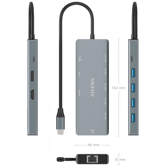 Docking USB Tipo-C Aisens ASUC-9P051-GR/ 1xDisplayPort/ 1xHDMI 4K/ 4xUSB/ 1xUSB Tipo-C/ 1xRJ45/ 1xUSB Tipo-C PD/ Gris