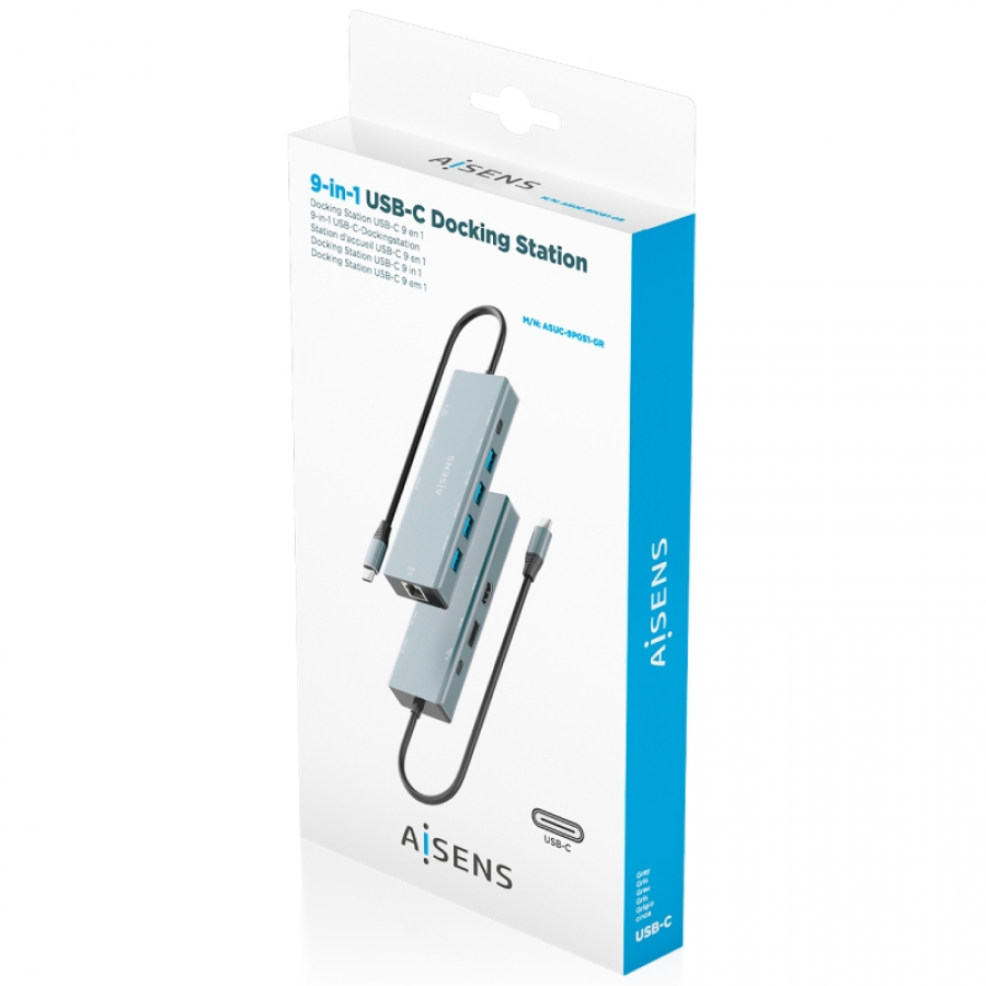 Docking USB Tipo-C Aisens ASUC-9P051-GR/ 1xDisplayPort/ 1xHDMI 4K/ 4xUSB/ 1xUSB Tipo-C/ 1xRJ45/ 1xUSB Tipo-C PD/ Gris