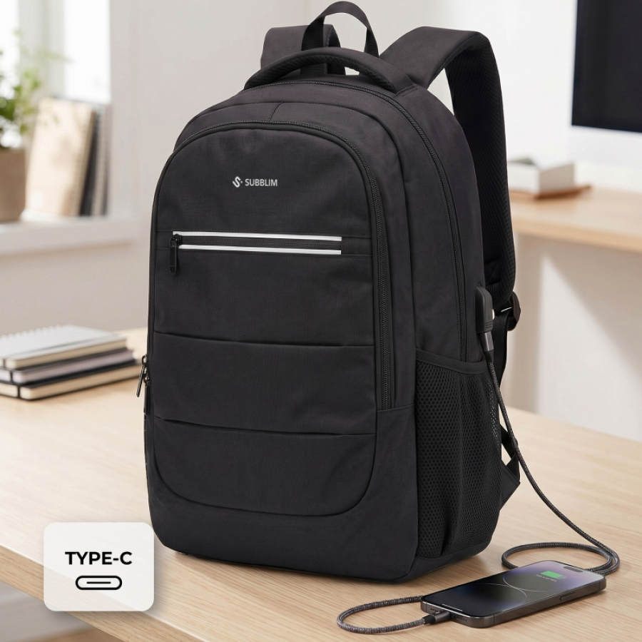 Mochila Subblim City Plus 26L Backpack para Portátiles hasta 16'/ Puerto USB/ Negra