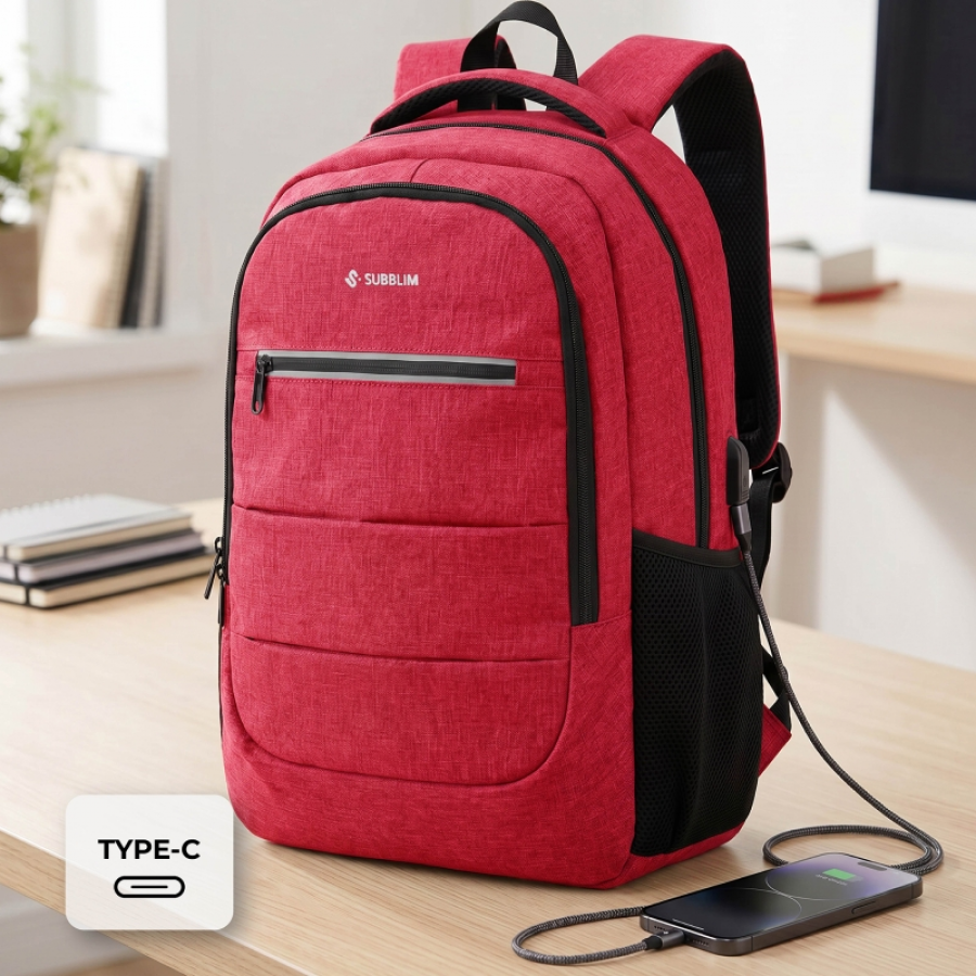 Mochila Subblim City Plus Backpack para Portátiles hasta 15.6'/ Puerto USB/ Roja