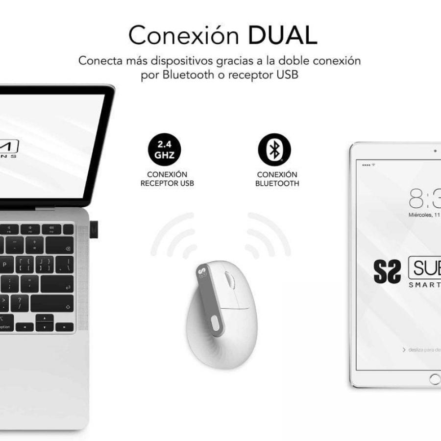 Ratón Vertical Inalámbrico Subblim Nature Vertical Ergo Dual Battery/ Batería Recargable/ Hasta 4000 DPI/ Blanco