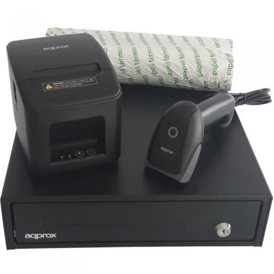 Pack para TPV Approx appPOSPACK3380USB-2D/ Cajón Portamonedas + Impresora Térmica de Tickets + Lector de Códigos + Rollos Térmic