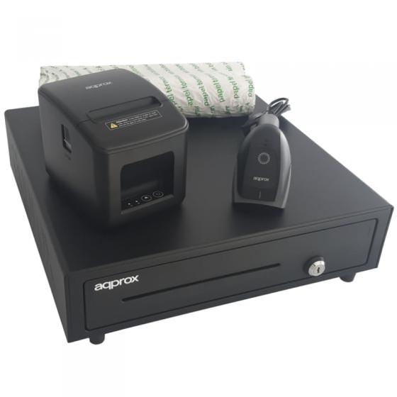 Pack para TPV Approx appPOSPACK4180USB-2D/ Cajón Portamonedas + Impresora Térmica de Tickets + Lector de Códigos + Rollos Térmic
