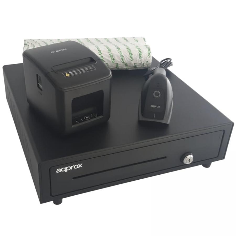 Pack para TPV Approx appPOSPACK4180USB-2D/ Cajón Portamonedas + Impresora Térmica de Tickets + Lector de Códigos + Rollos Térmic