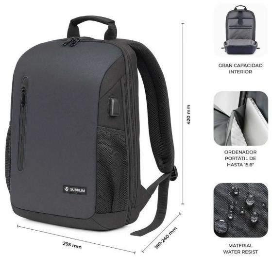 Mochila Subblim Xpand Air Padding Backpack para Portátiles hasta 15.6'/ 21L/ Puerto USB/ Negro