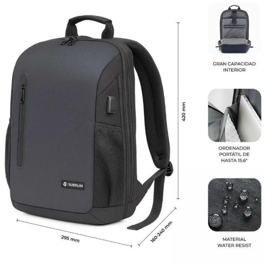Mochila Subblim Xpand Air Padding Backpack para Portátiles hasta 15.6'/ 21L/ Puerto USB/ Negro