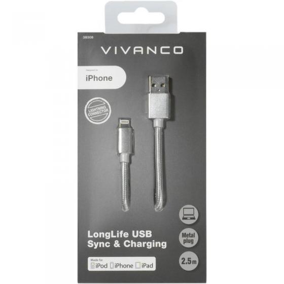 Cable USB Lightning Vivanco 38308/ USB Macho - Lightning Macho/ 2.5m/ Plata
