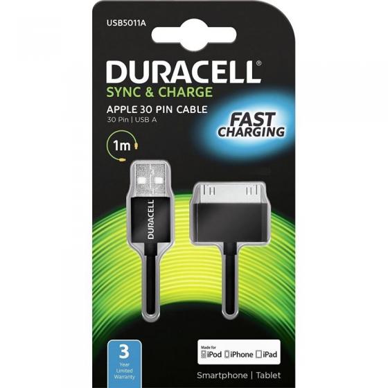 Cable USB 2.0 Duracell USB5011A/ USB Macho - USB 30 PIN Macho/ 1m/ Negro