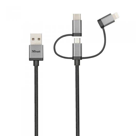 CABLE USB 3 EN 1 TRUST URBAN - CONECTORES MICRO USB / USB TIPO-C Y LIGHTNING - MAX.18W - 480MBPS - 1M