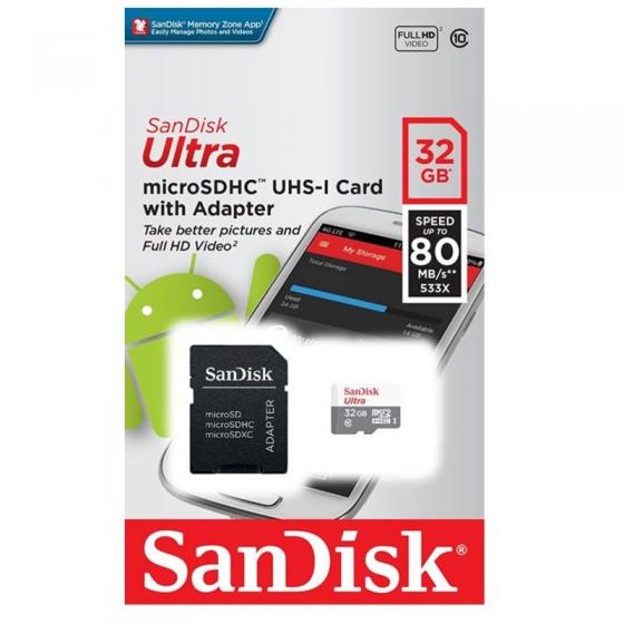 Tarjeta de Memoria SanDisk Ultra Android 32GB HC microSD con Adaptador/ Clase 10/ 80MBs - Imagen 1