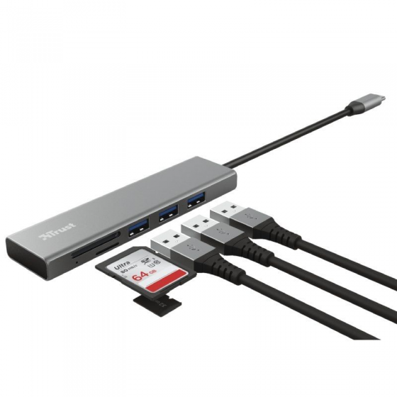 Hub USB 3.2 Tipo-C Trust Halyx/ 3 Puertos USB/ 1 Lector Tarjetas SD/ Gris