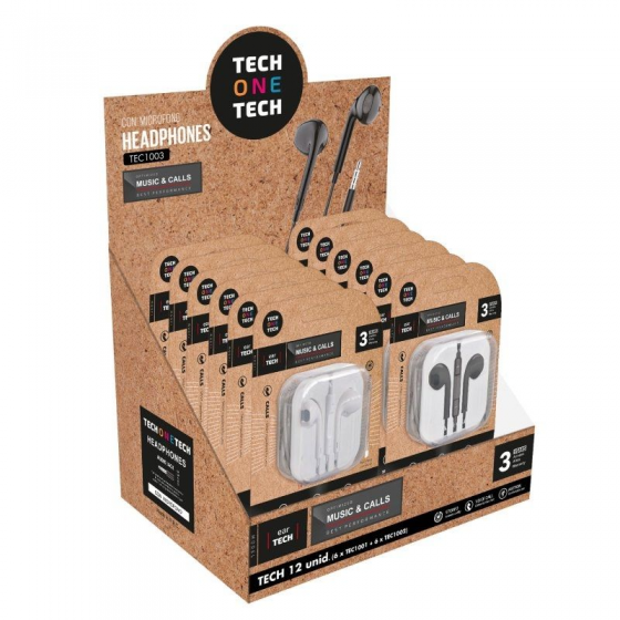 Pack Expositor de Auriculares Tech One Tech EarTECH TEC1003 / con Micrófono/ Jack 3.5/ Incluye 6 Auriculares Blancos y 6 Auricul