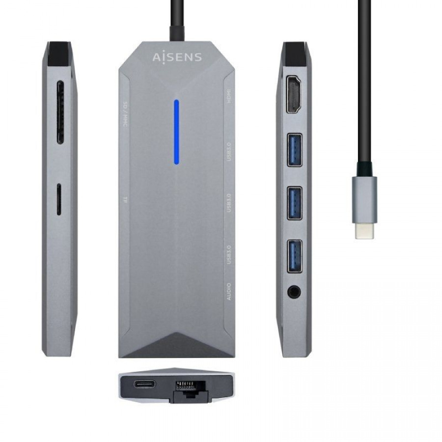 Hub USB 3.0 Tipo-C Aisens ASUC-9P001-GR/ 1 HDMI/ 3 Puertos USB 3.0/ 1 RJ45/ 1 Audio/ / 1 Lector Tarjetas / Gris - Imagen 1