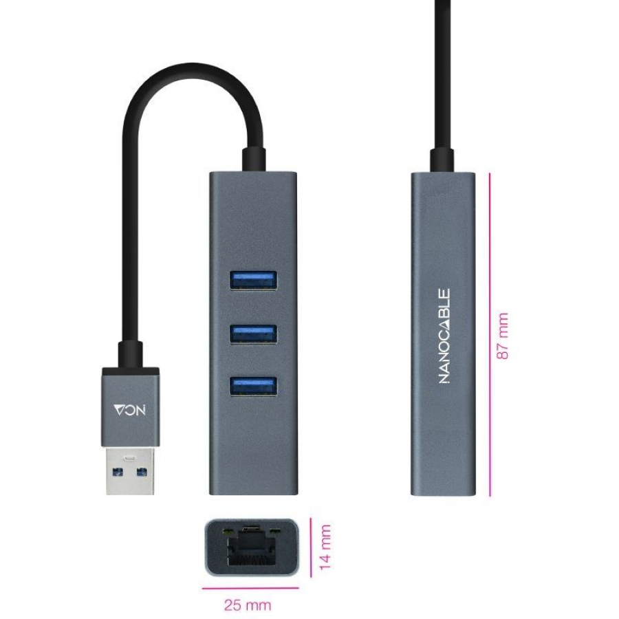 Hub USB 3.0 Nanocable 10.03.0407/ 3 Puertos USB/ 1 RJ45/ Gris - Imagen 2