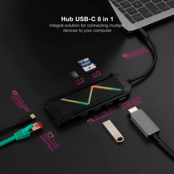 Hub USB 3.0 Nanocable 10.16.0801 4 Puertos USB RJ45 Negro
