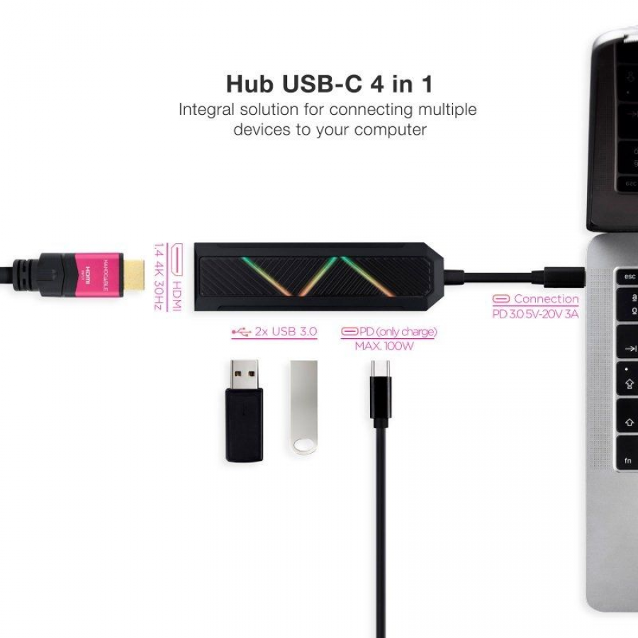 Hub USB 3.1 Tipo-C Nanocable 10.16.0401/ 2 Puertos USB/ 1 USB Tipo-C/ 1 HDMI/ Negro - Imagen 2