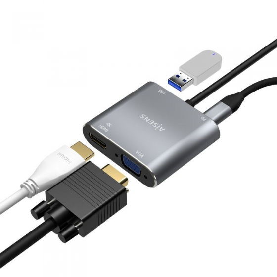 Adaptador USB Tipo-C Aisens A109-0626/ HDMI Hembra - VGA Hembra - USB Tipo-C Macho - USB Hembra - USB Tipo-C Hembra