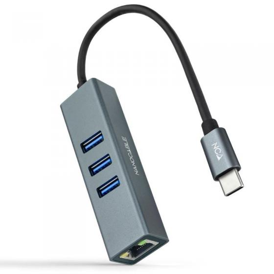 Hub USB 3.0 Tipo-C Nanocable 10.03.0408 3 Puertos USB 1 RJ45 Gris