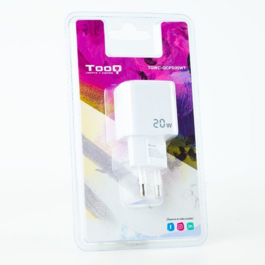 Cargador de Pared TooQ TQWC-QCPD20WT/ 1xUSB-Tipo C/ 1x USB/ 20W/ Blanco