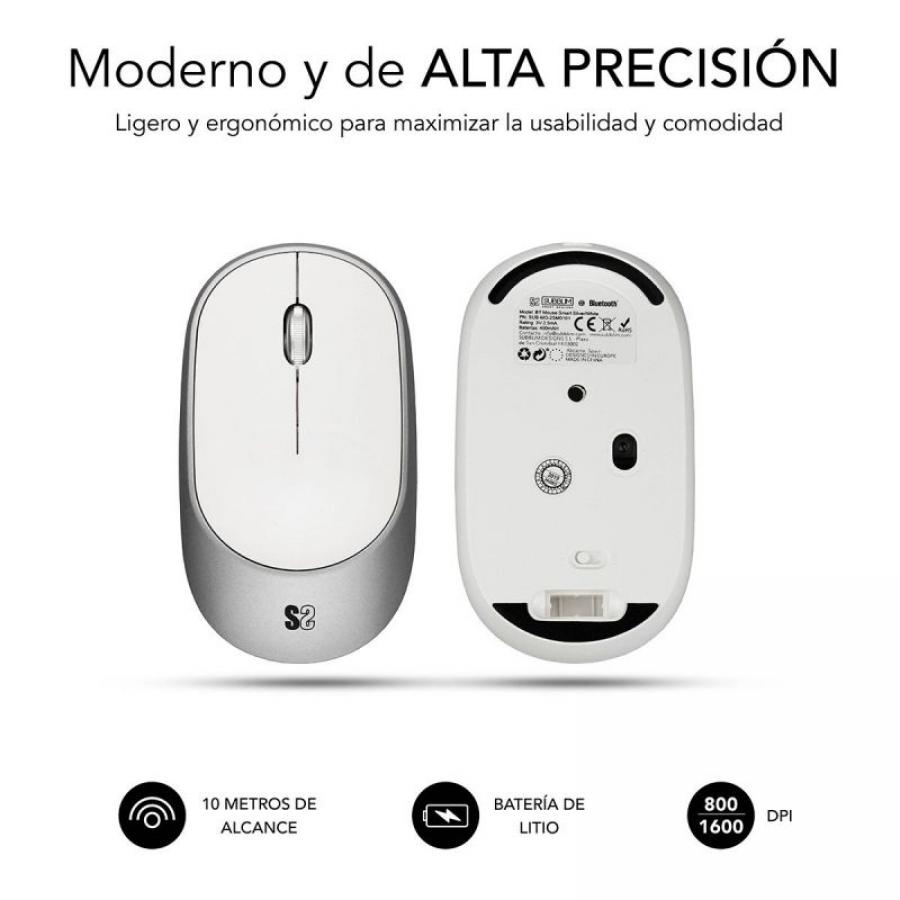 Ratón Inalámbrico por Bluetooth Subblim Smart/ Batería recargable/ Hasta 1600 DPI/ Blanco y Plata