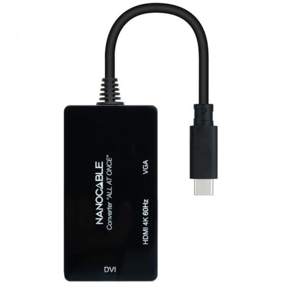 Adaptador Nanocable 10.16.4301-ALL/ USB Tipo-C Macho - HDMI Hembra - DVI-D Hembra - VGA Hembra/ 20cm/ Negro